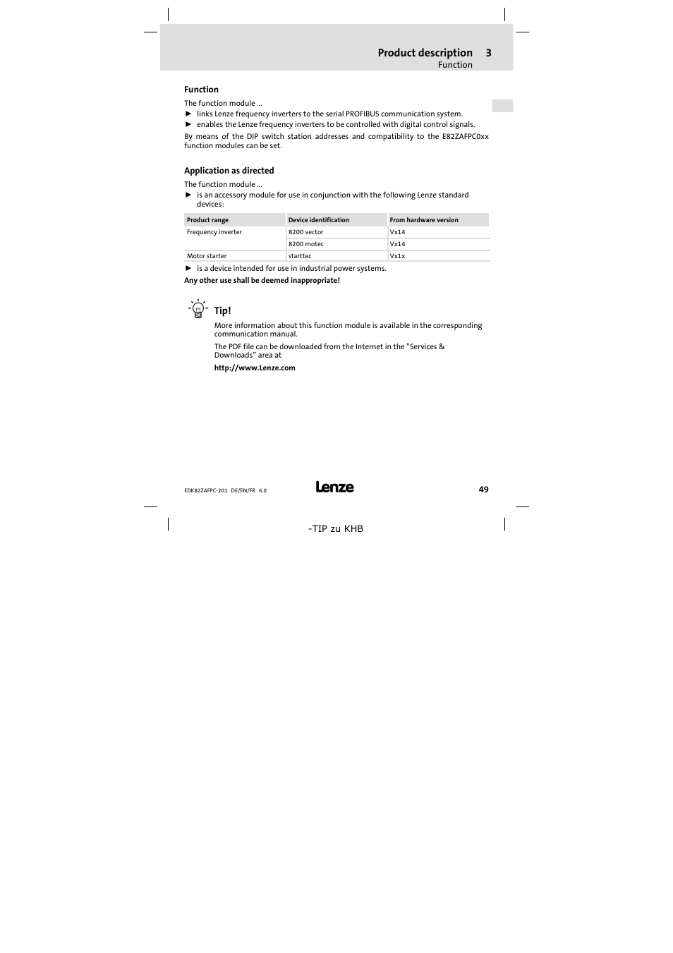3 product description, Function, Application as directed | Product description | Lenze E82ZAFPC201 User Manual | Page 49 / 118