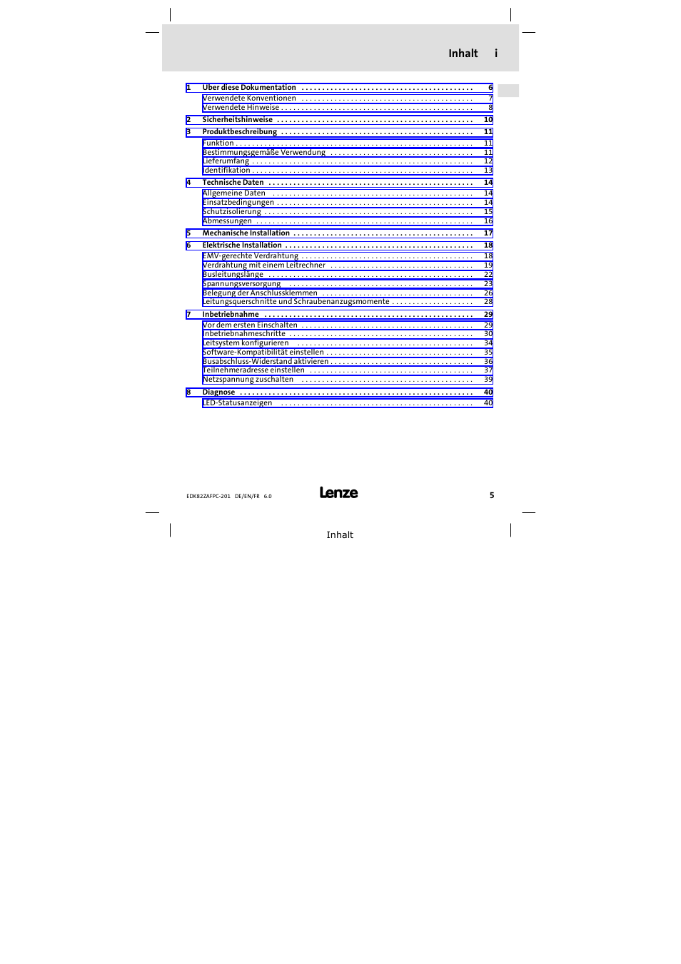 Inhalt, Inhalt i | Lenze E82ZAFPC201 User Manual | Page 5 / 118