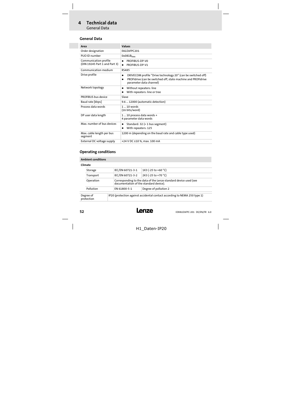 4 technical data, General data, Operating conditions | Technical data, 4technical data | Lenze E82ZAFPC201 User Manual | Page 52 / 118