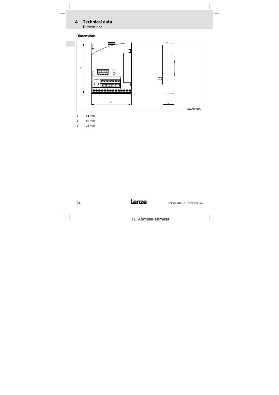 Dimensions, 4technical data | Lenze E82ZAFPC201 User Manual | Page 54 / 118