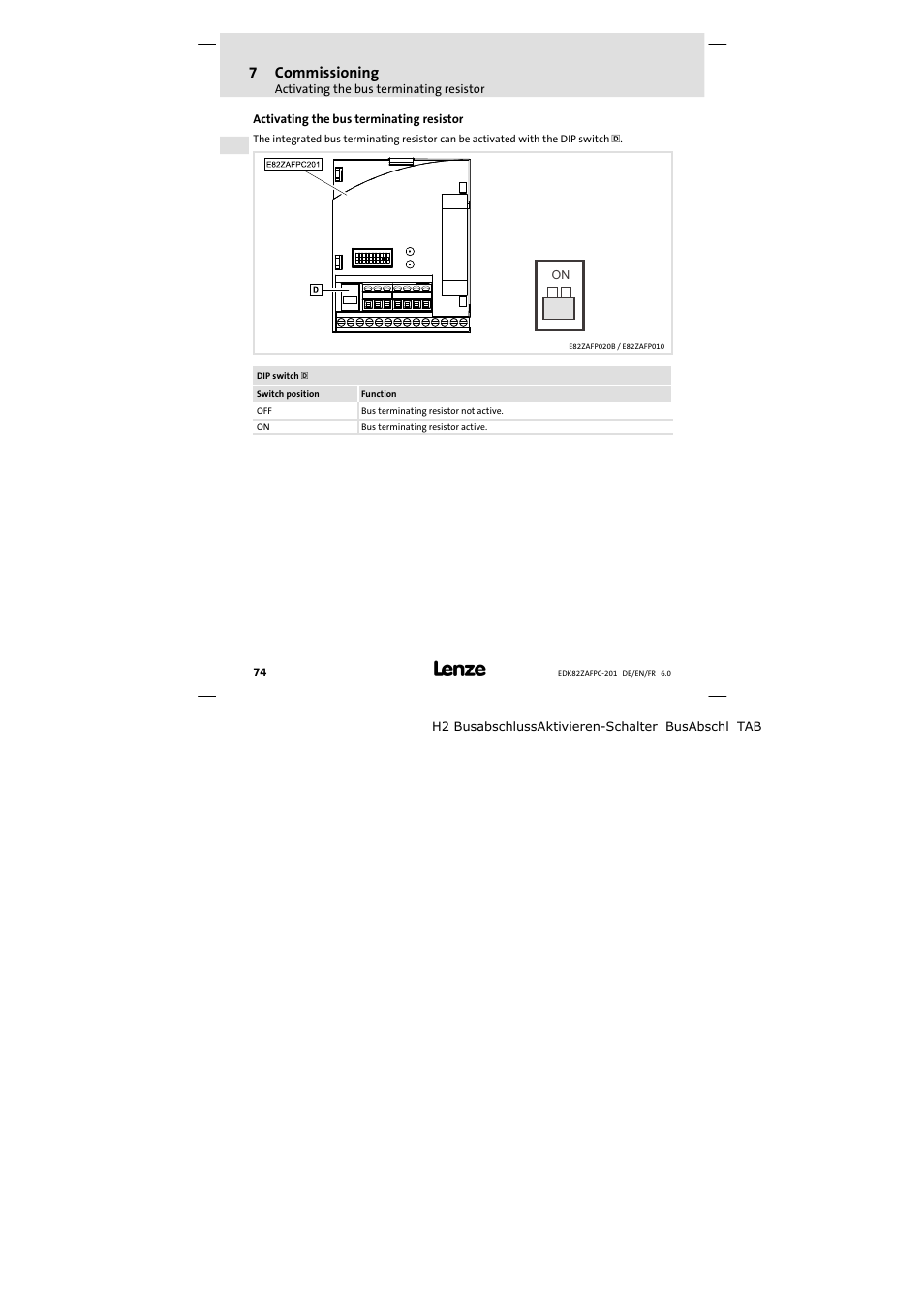 Activating the bus terminating resistor, 7commissioning | Lenze E82ZAFPC201 User Manual | Page 74 / 118