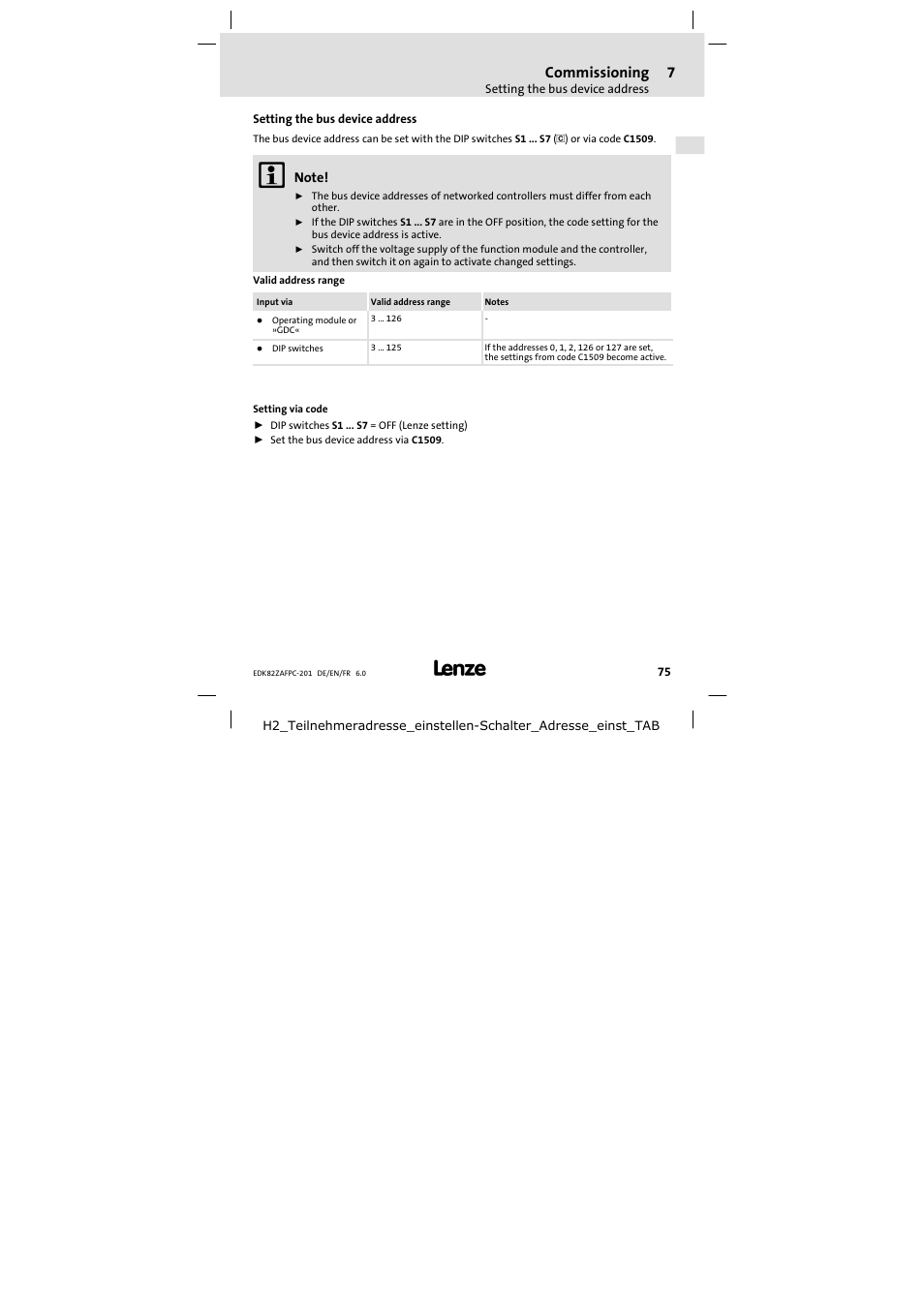 Setting the bus device address | Lenze E82ZAFPC201 User Manual | Page 75 / 118