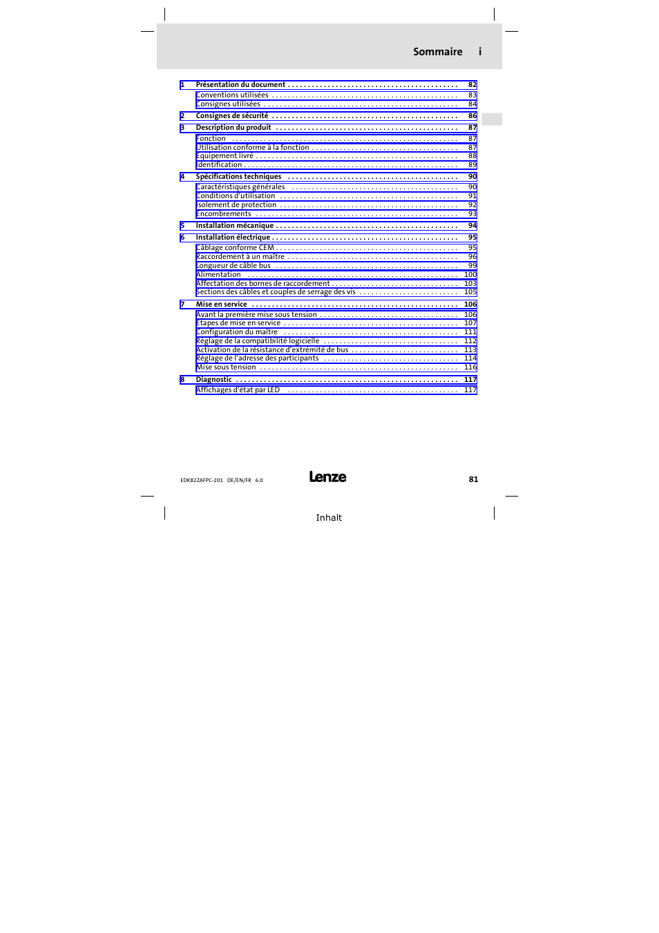 Sommaire, Sommaire i | Lenze E82ZAFPC201 User Manual | Page 81 / 118