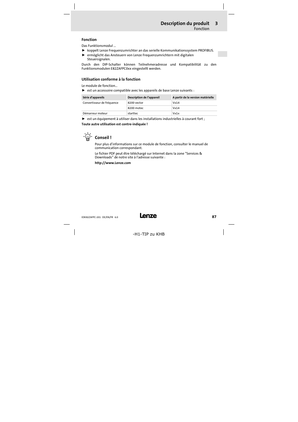 3 description du produit, Fonction, Utilisation conforme à la fonction | Description du produit | Lenze E82ZAFPC201 User Manual | Page 87 / 118