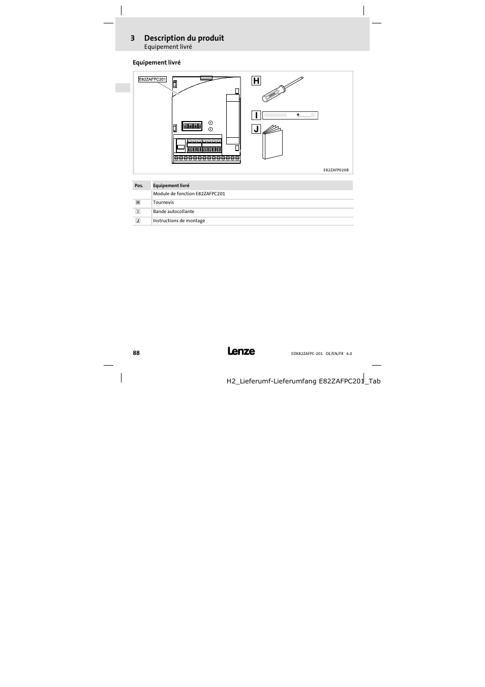Equipement livré | Lenze E82ZAFPC201 User Manual | Page 88 / 118
