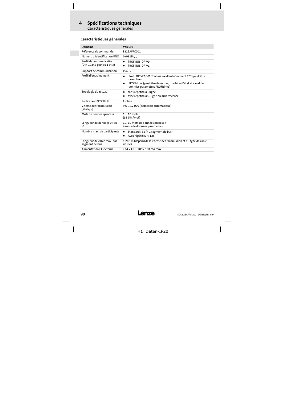 4 spécifications techniques, Caractéristiques générales, Spécifications techniques | 4spécifications techniques | Lenze E82ZAFPC201 User Manual | Page 90 / 118