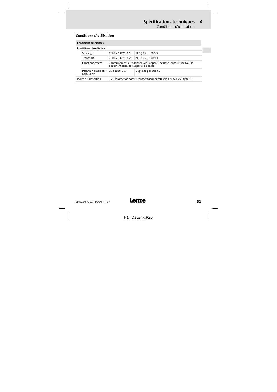 Conditions d'utilisation, Conditions d’utilisation, Spécifications techniques | Lenze E82ZAFPC201 User Manual | Page 91 / 118