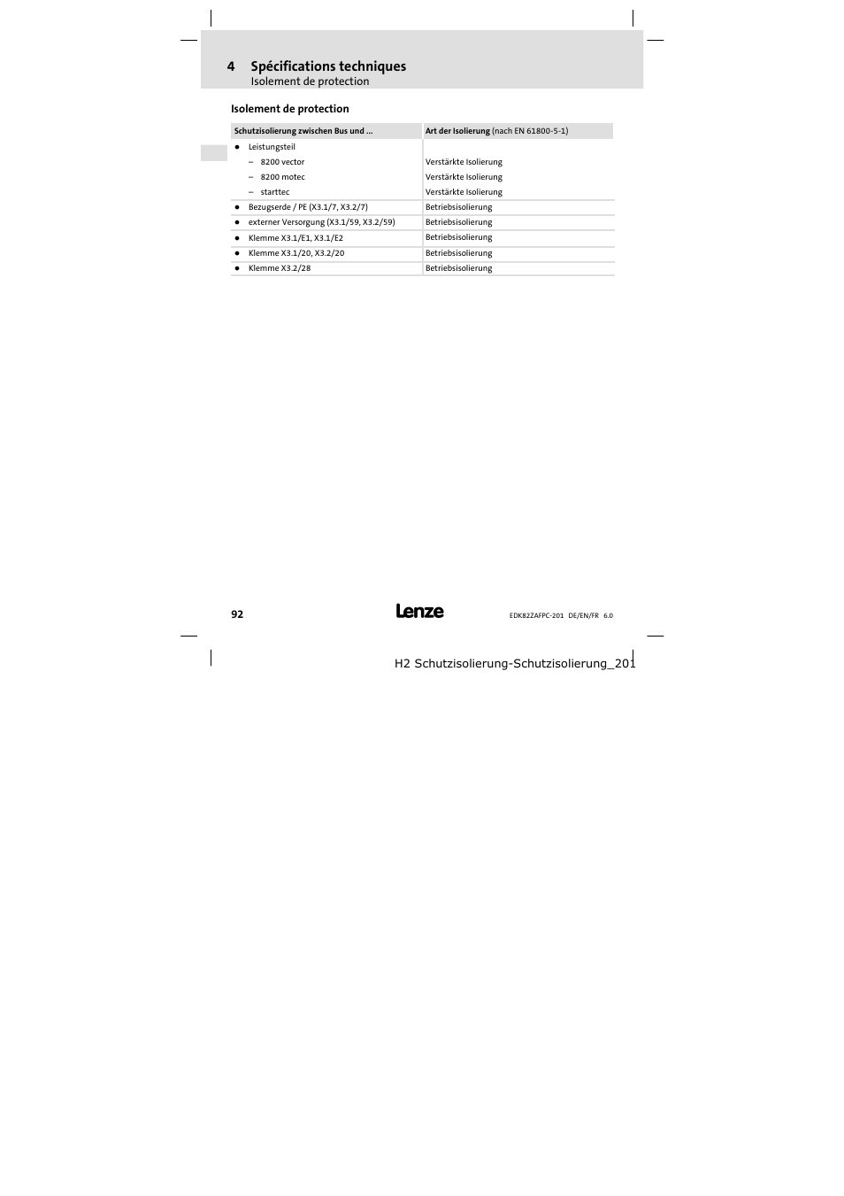 Isolement de protection, 4spécifications techniques | Lenze E82ZAFPC201 User Manual | Page 92 / 118