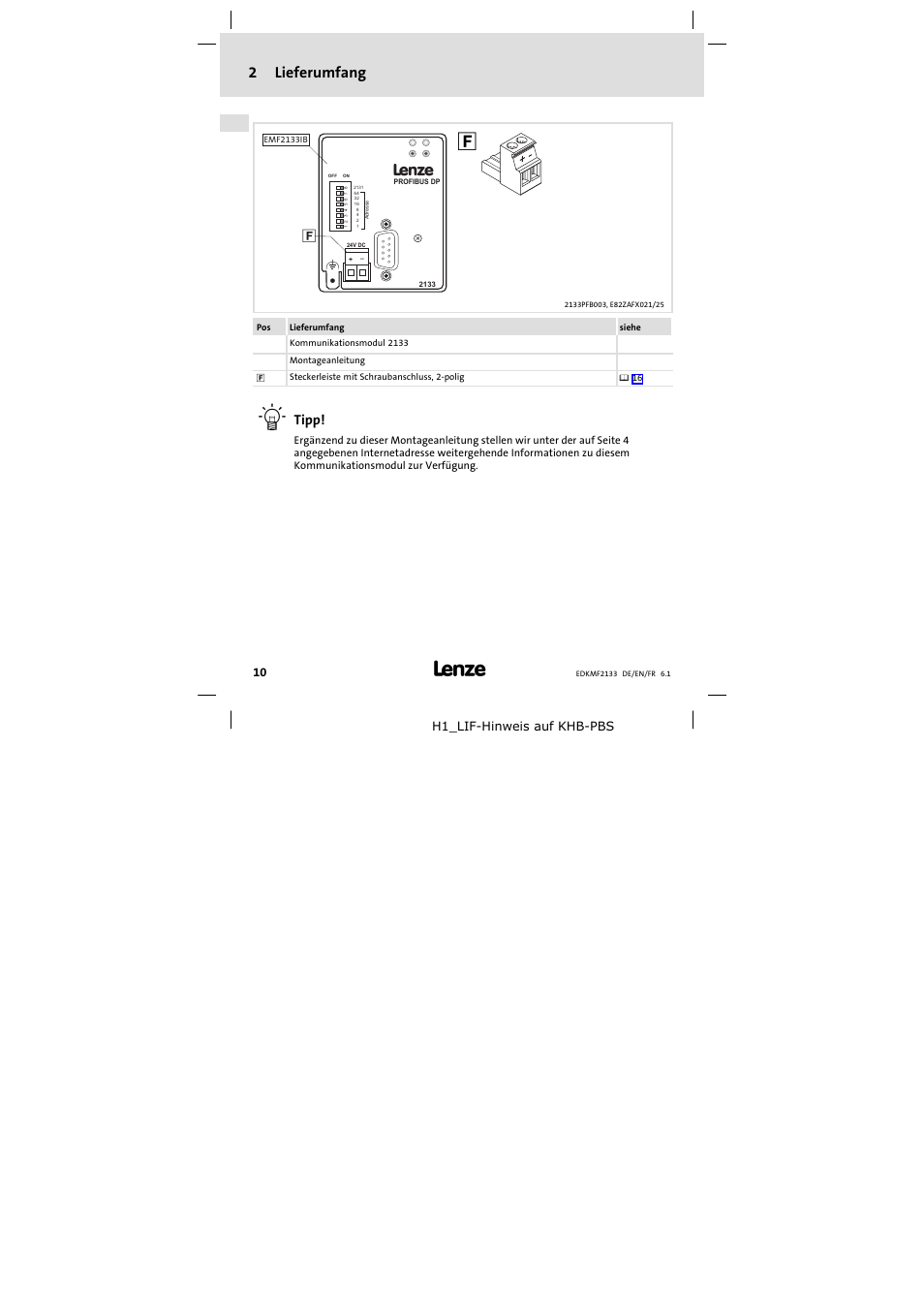 2 lieferumfang, Lieferumfang, 2lieferumfang | Tipp | Lenze EMF2133IB User Manual | Page 10 / 104