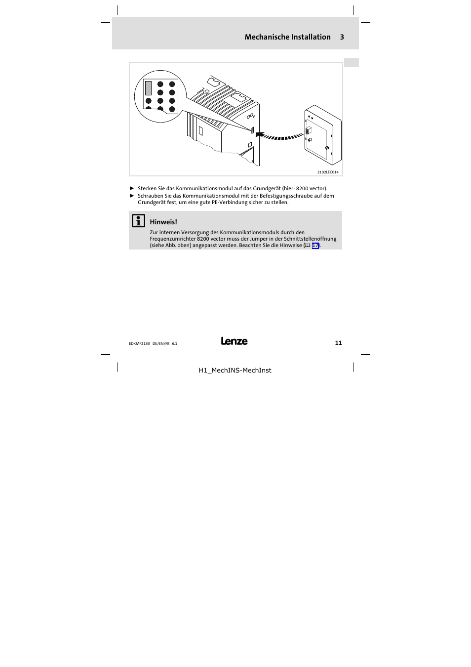 3 mechanische installation, Mechanische installation | Lenze EMF2133IB User Manual | Page 11 / 104