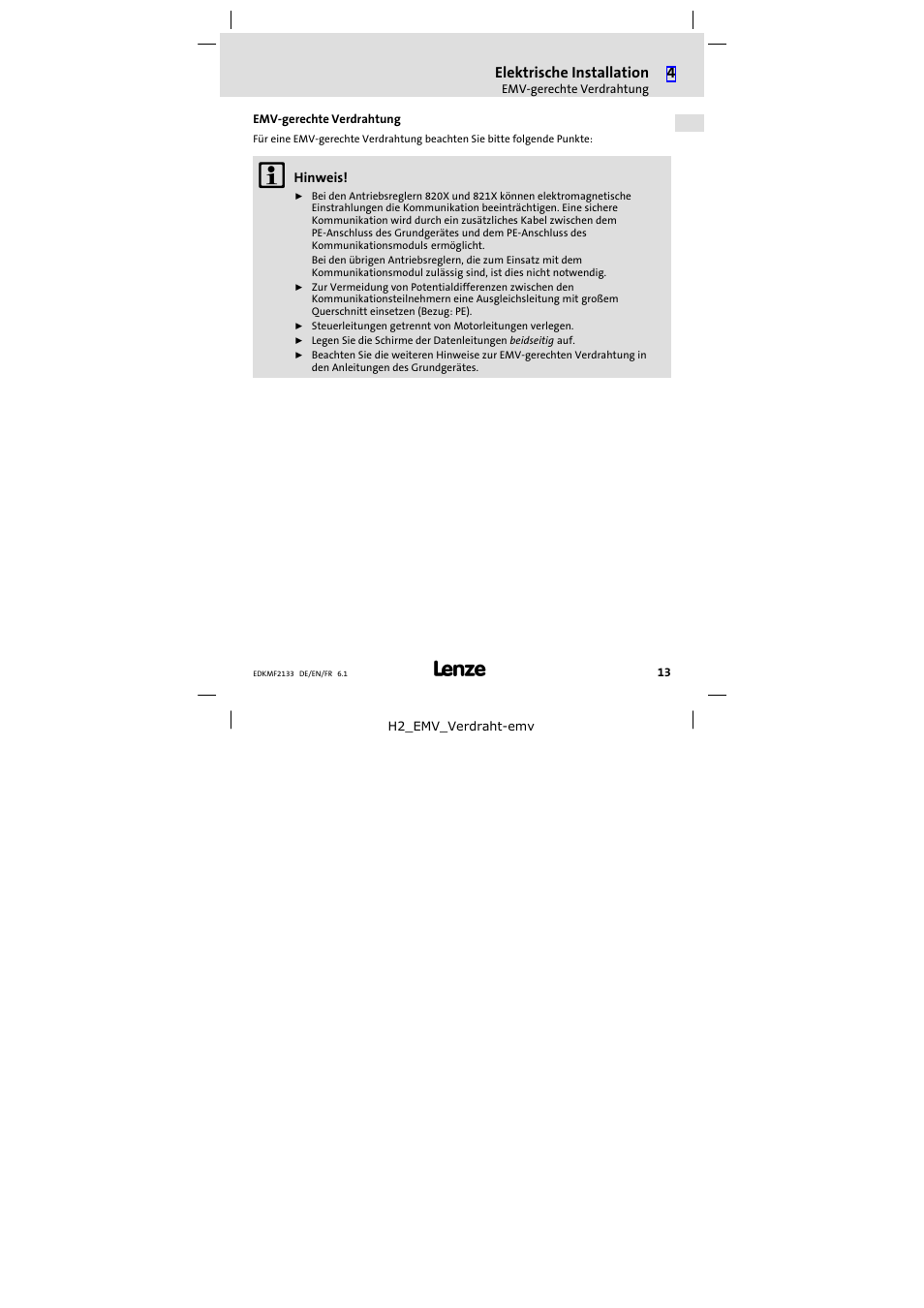 Emv-gerechte verdrahtung, Emv−gerechte verdrahtung | Lenze EMF2133IB User Manual | Page 13 / 104