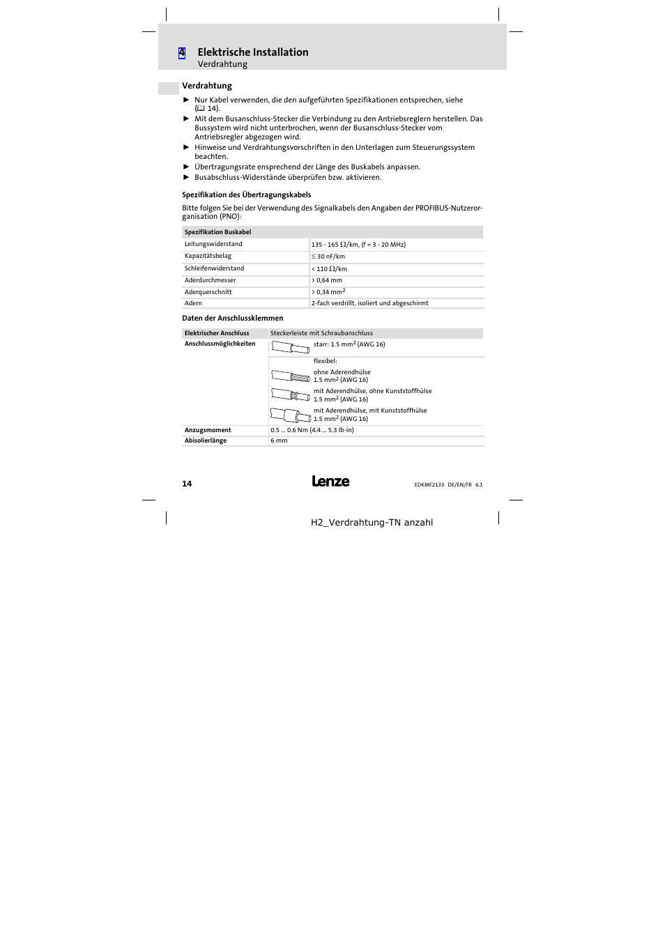 Verdrahtung, 4elektrische installation | Lenze EMF2133IB User Manual | Page 14 / 104