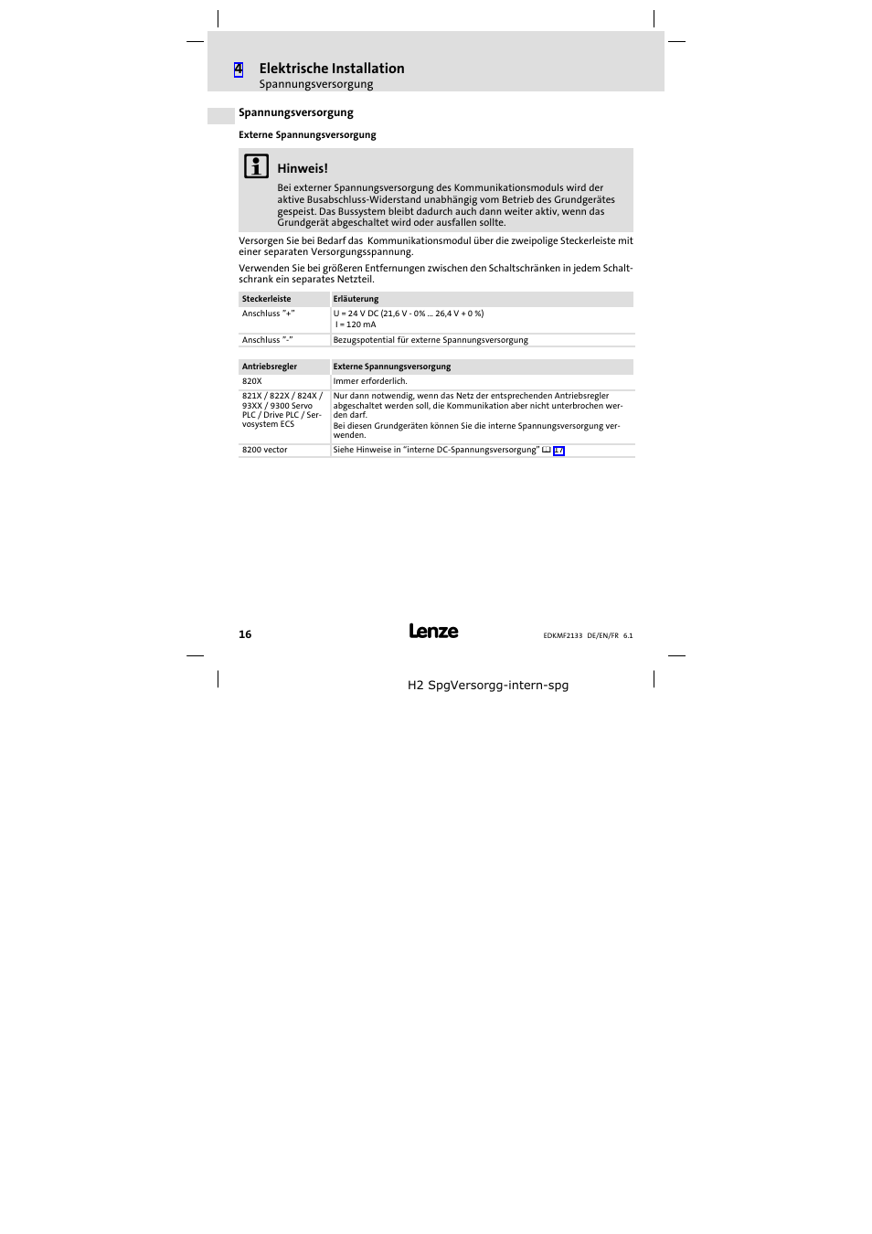 Spannungsversorgung, Spannungsversorgung 16, 4elektrische installation | Lenze EMF2133IB User Manual | Page 16 / 104