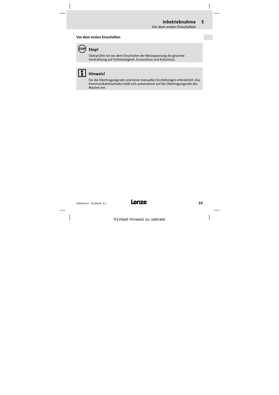 5 inbetriebnahme, Vor dem ersten einschalten, Inbetriebnahme | Lenze EMF2133IB User Manual | Page 19 / 104