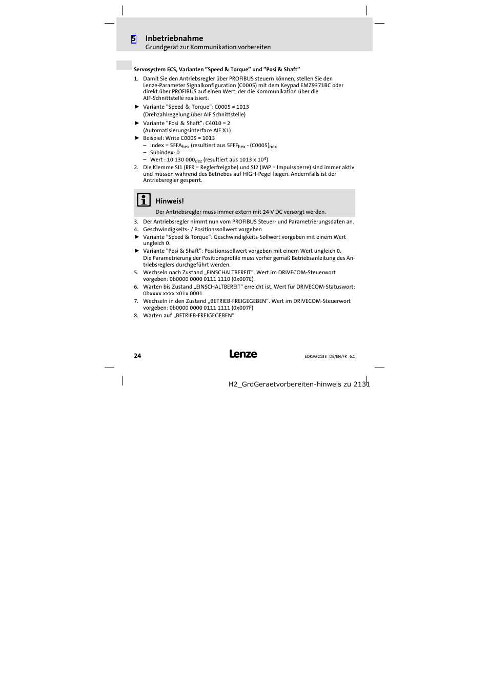 5inbetriebnahme | Lenze EMF2133IB User Manual | Page 24 / 104