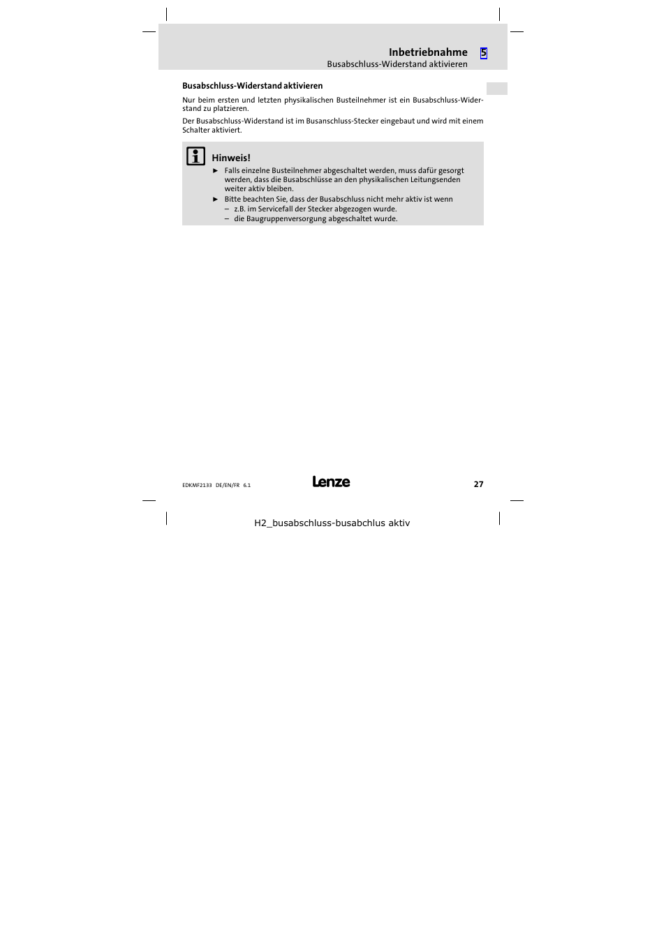 Busabschluss-widerstand aktivieren, Busabschluss−widerstand aktivieren | Lenze EMF2133IB User Manual | Page 27 / 104