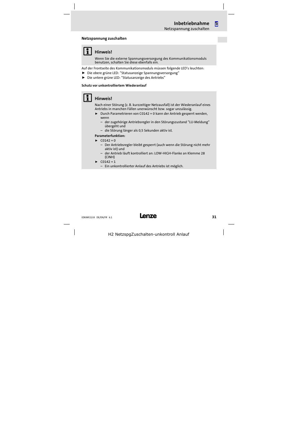 Netzspannung zuschalten | Lenze EMF2133IB User Manual | Page 31 / 104