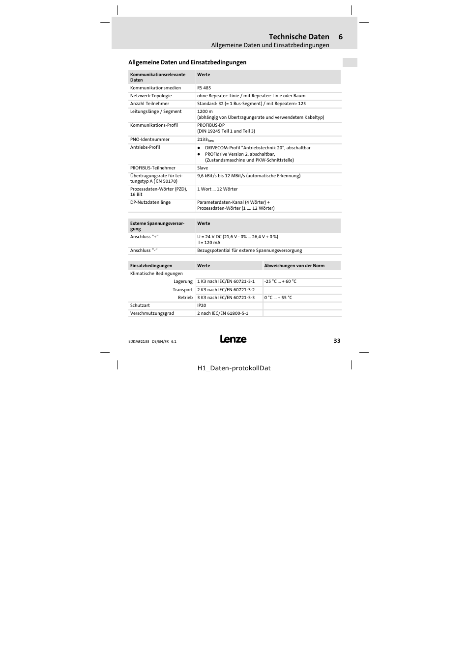 6 technische daten, Allgemeine daten und einsatzbedingungen, Technische daten | Lenze EMF2133IB User Manual | Page 33 / 104