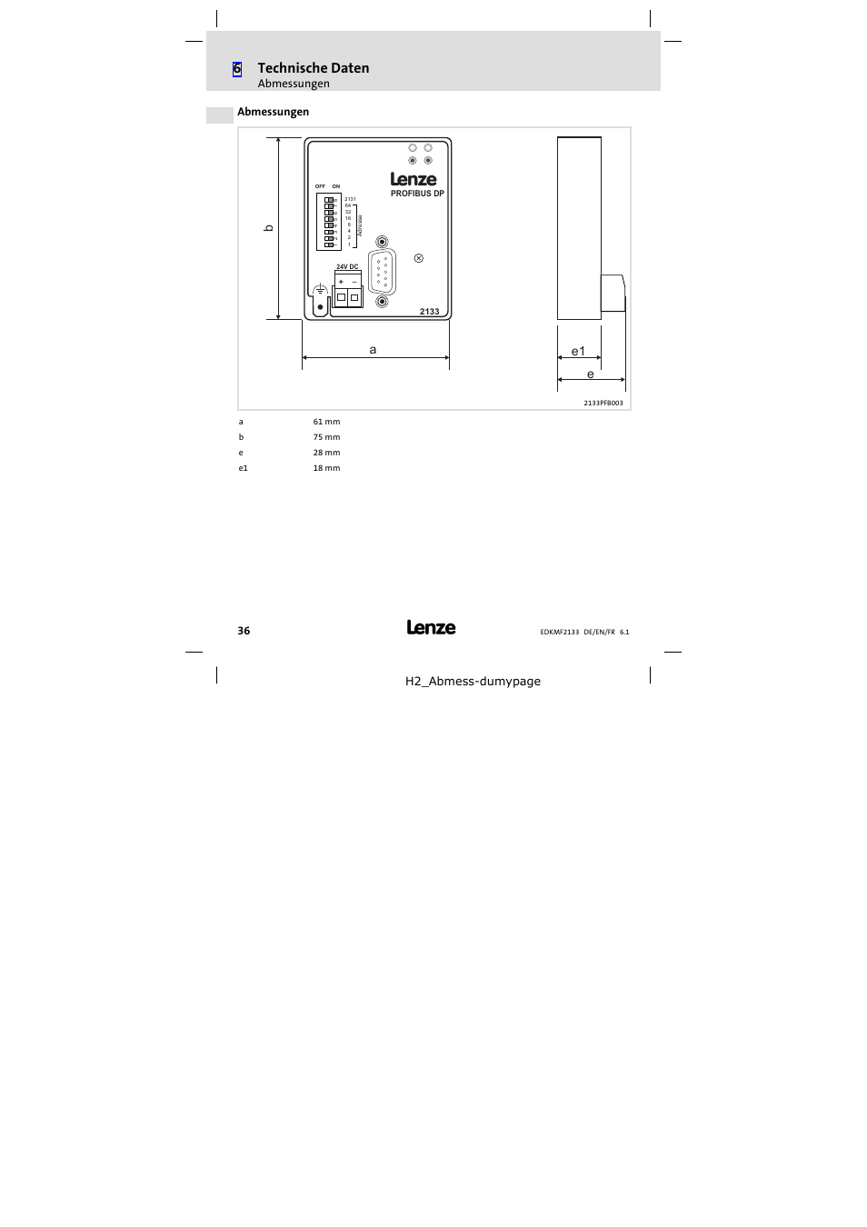 Abmessungen, 6technische daten, 18 a b e1 e | Lenze EMF2133IB User Manual | Page 36 / 104