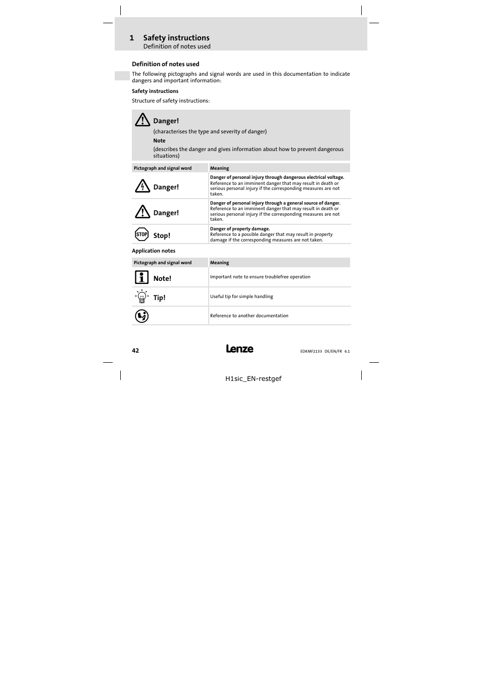 1 safety instructions, Definition of notes used, Safety instructions | Lenze EMF2133IB User Manual | Page 42 / 104