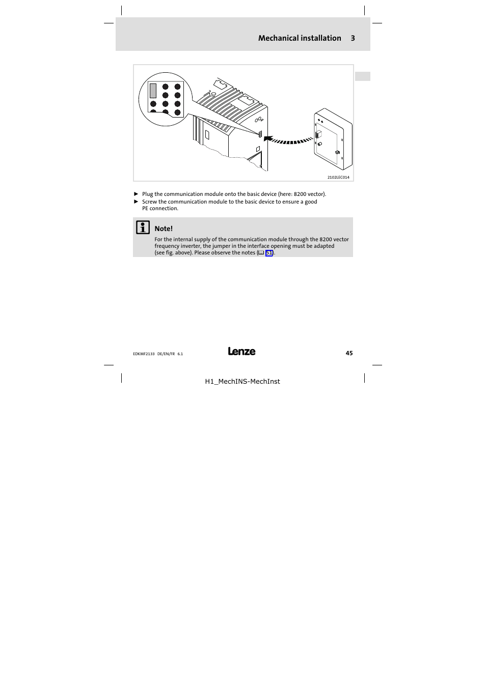 3 mechanical installation, Mechanical installation | Lenze EMF2133IB User Manual | Page 45 / 104