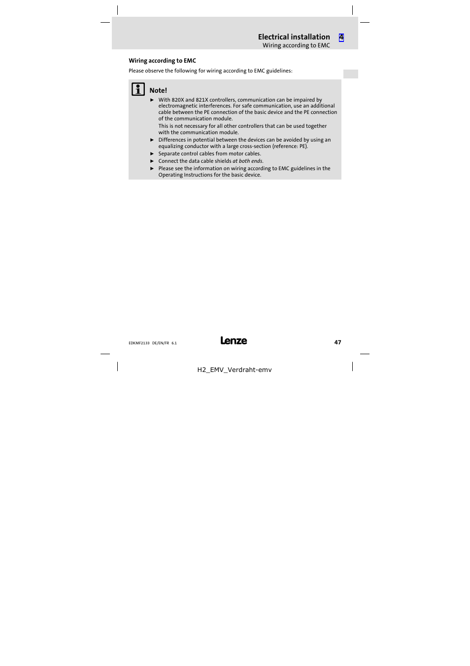 Wiring according to emc | Lenze EMF2133IB User Manual | Page 47 / 104