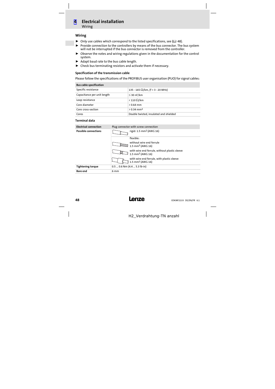 Wiring, 4electrical installation | Lenze EMF2133IB User Manual | Page 48 / 104