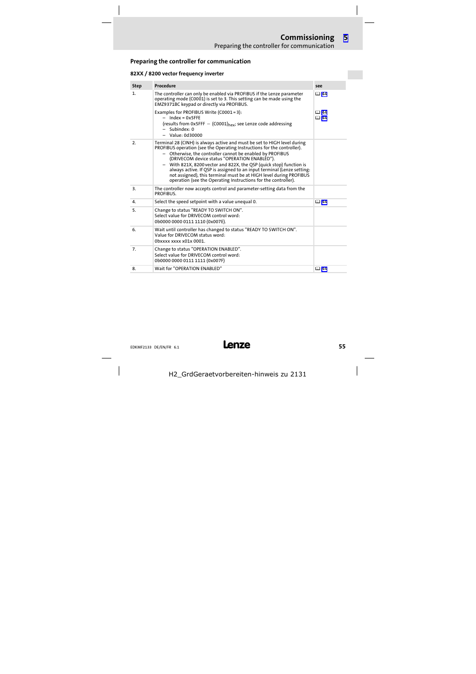 Preparing the controller for communication, Commissioning | Lenze EMF2133IB User Manual | Page 55 / 104