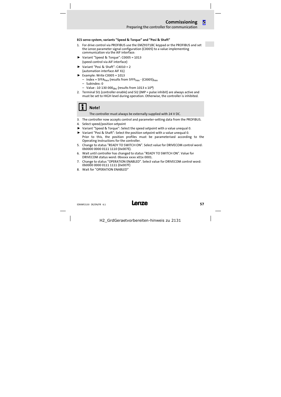 Commissioning | Lenze EMF2133IB User Manual | Page 57 / 104