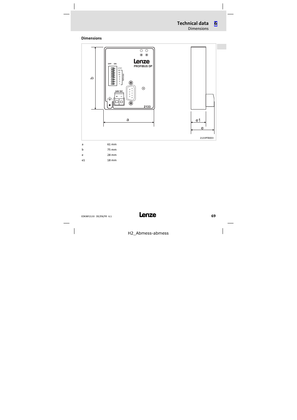 Dimensions, Technical data, 18 a b e1 e | Lenze EMF2133IB User Manual | Page 69 / 104