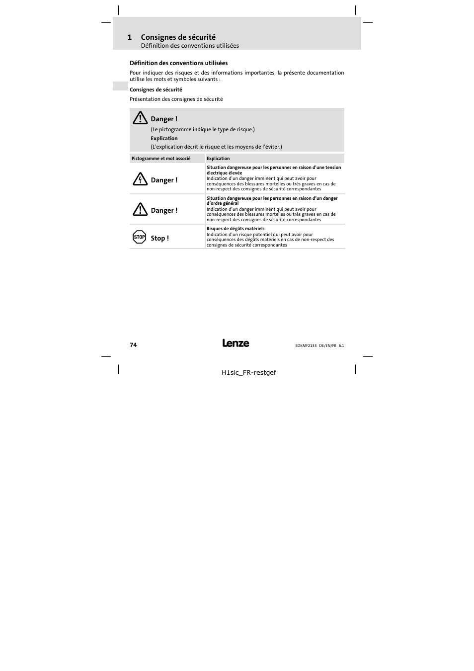 1 consignes de sécurité, Définition des conventions utilisées, Consignes de sécurité | Lenze EMF2133IB User Manual | Page 74 / 104