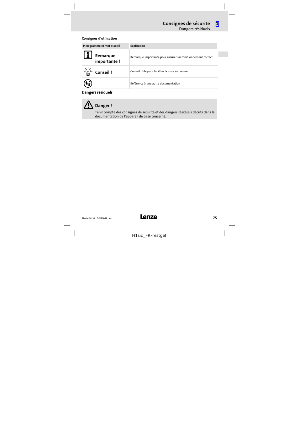 Dangers résiduels | Lenze EMF2133IB User Manual | Page 75 / 104