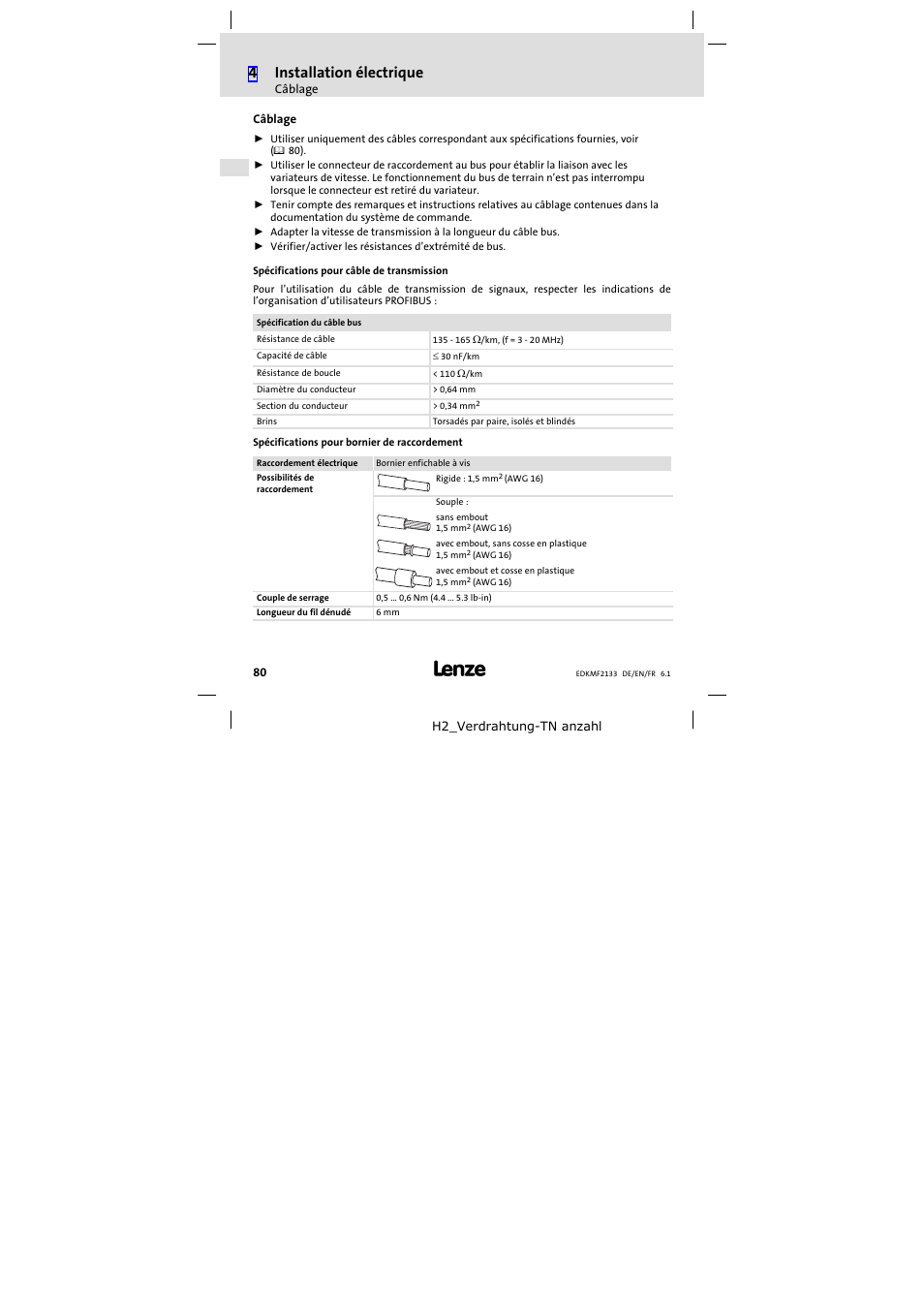 Câblage, 4installation électrique | Lenze EMF2133IB User Manual | Page 80 / 104