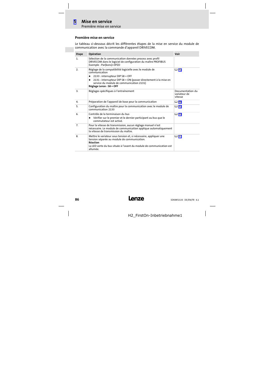 Première mise en service, 5mise en service | Lenze EMF2133IB User Manual | Page 86 / 104