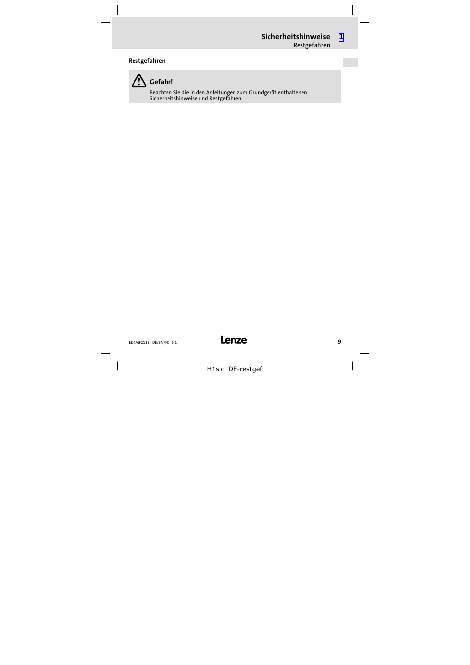 Restgefahren | Lenze EMF2133IB User Manual | Page 9 / 104