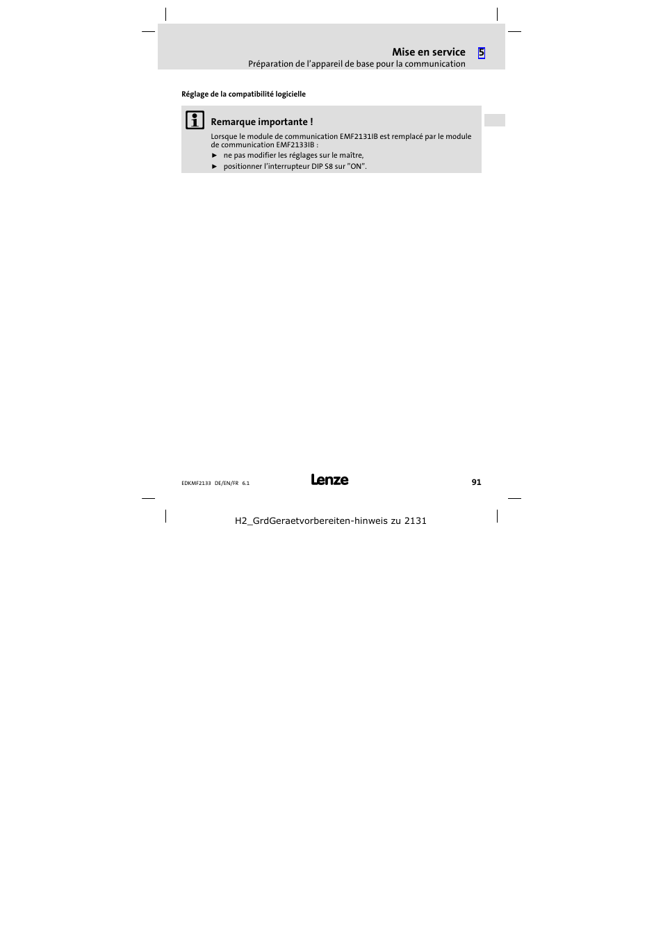 Réglage de la compatibilité logicielle | Lenze EMF2133IB User Manual | Page 91 / 104