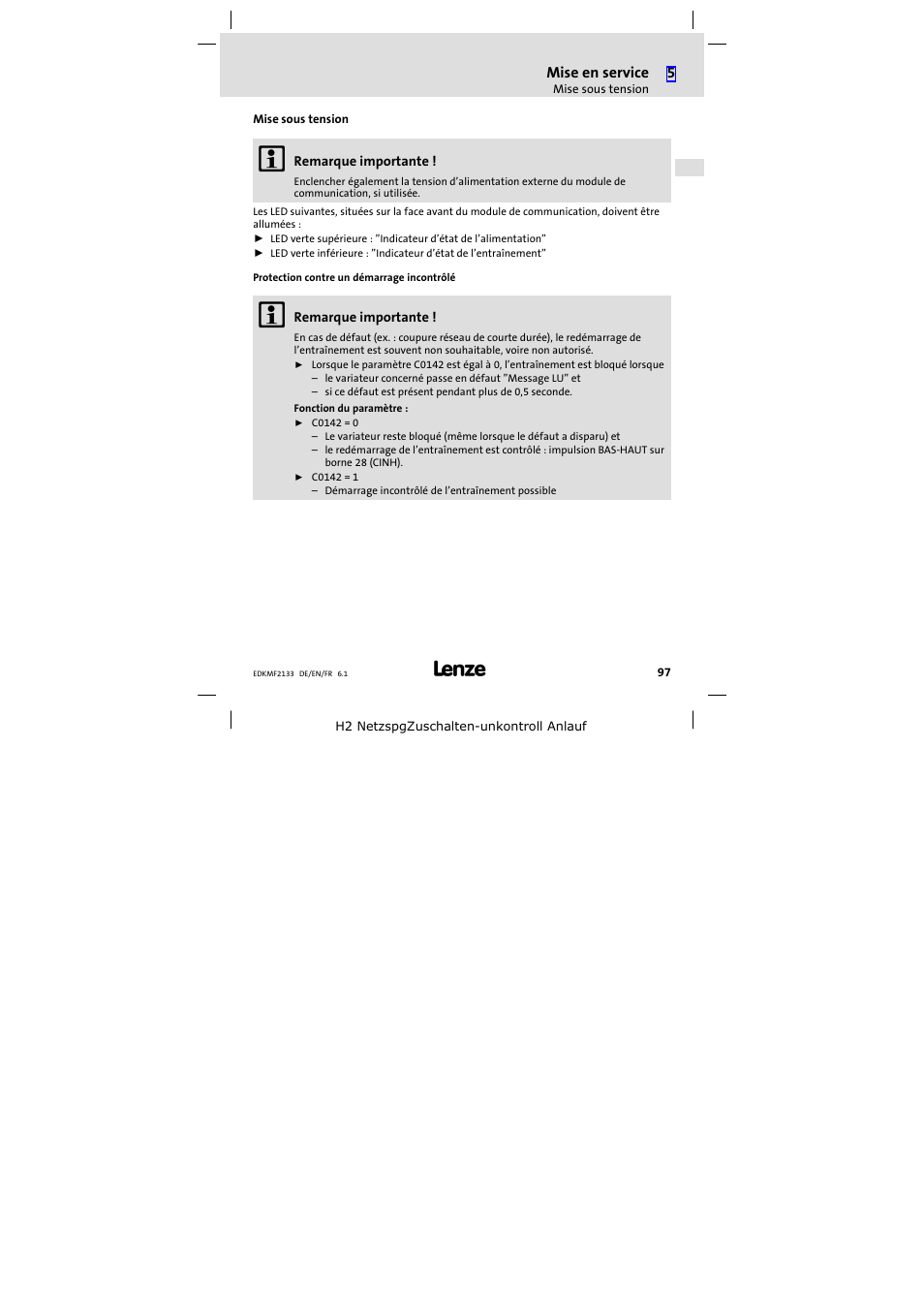 Mise sous tension | Lenze EMF2133IB User Manual | Page 97 / 104