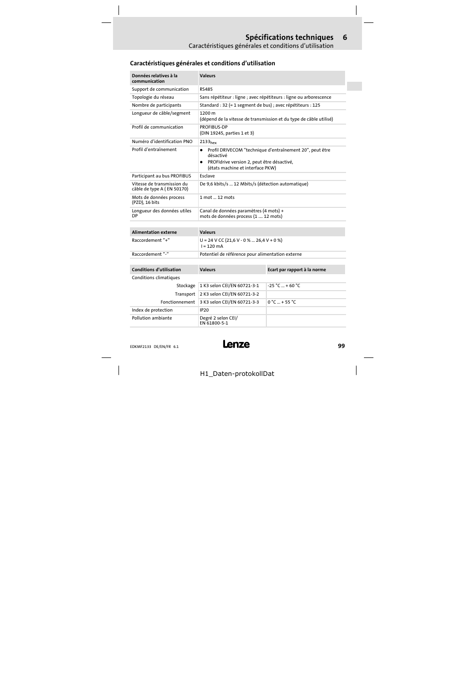 6 spécifications techniques, Spécifications techniques | Lenze EMF2133IB User Manual | Page 99 / 104