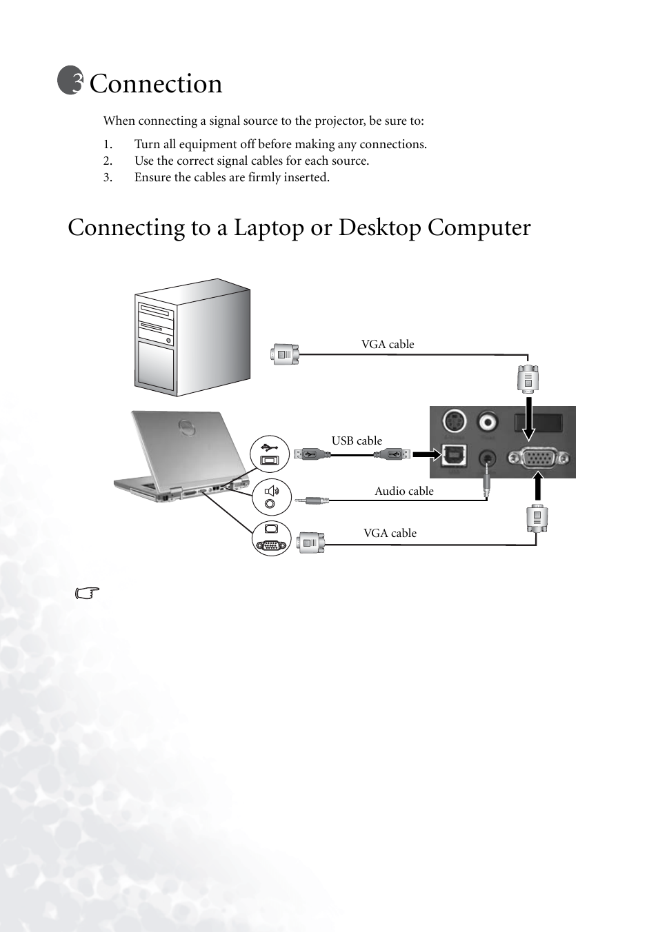 Connection, Connecting to a laptop or desktop computer | BenQ PB2140/PB2240 User Manual | Page 14 / 44
