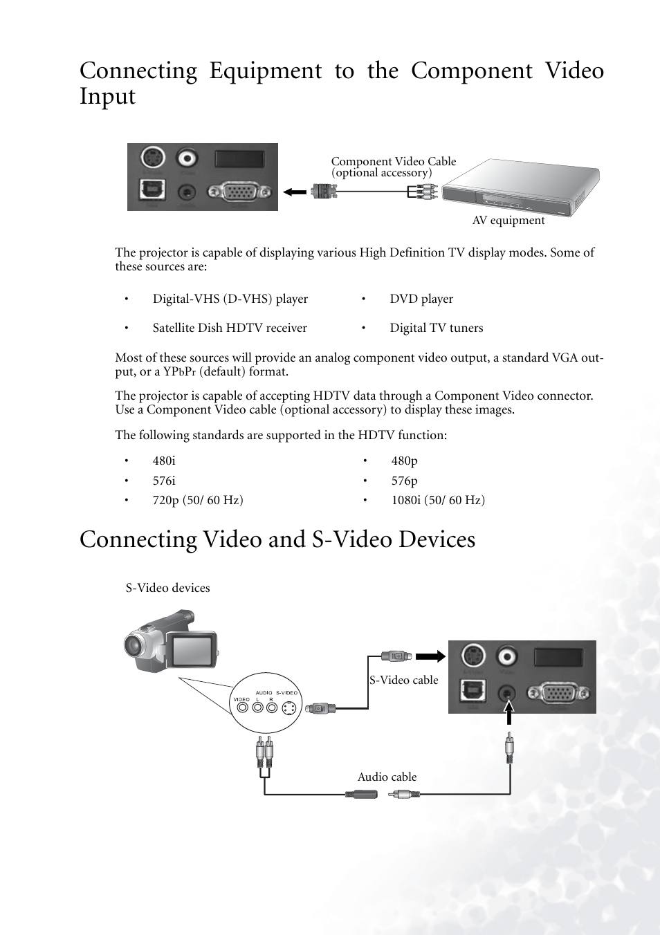 Connecting equipment to the component video input, Connecting video and s-video devices | BenQ PB2140/PB2240 User Manual | Page 15 / 44