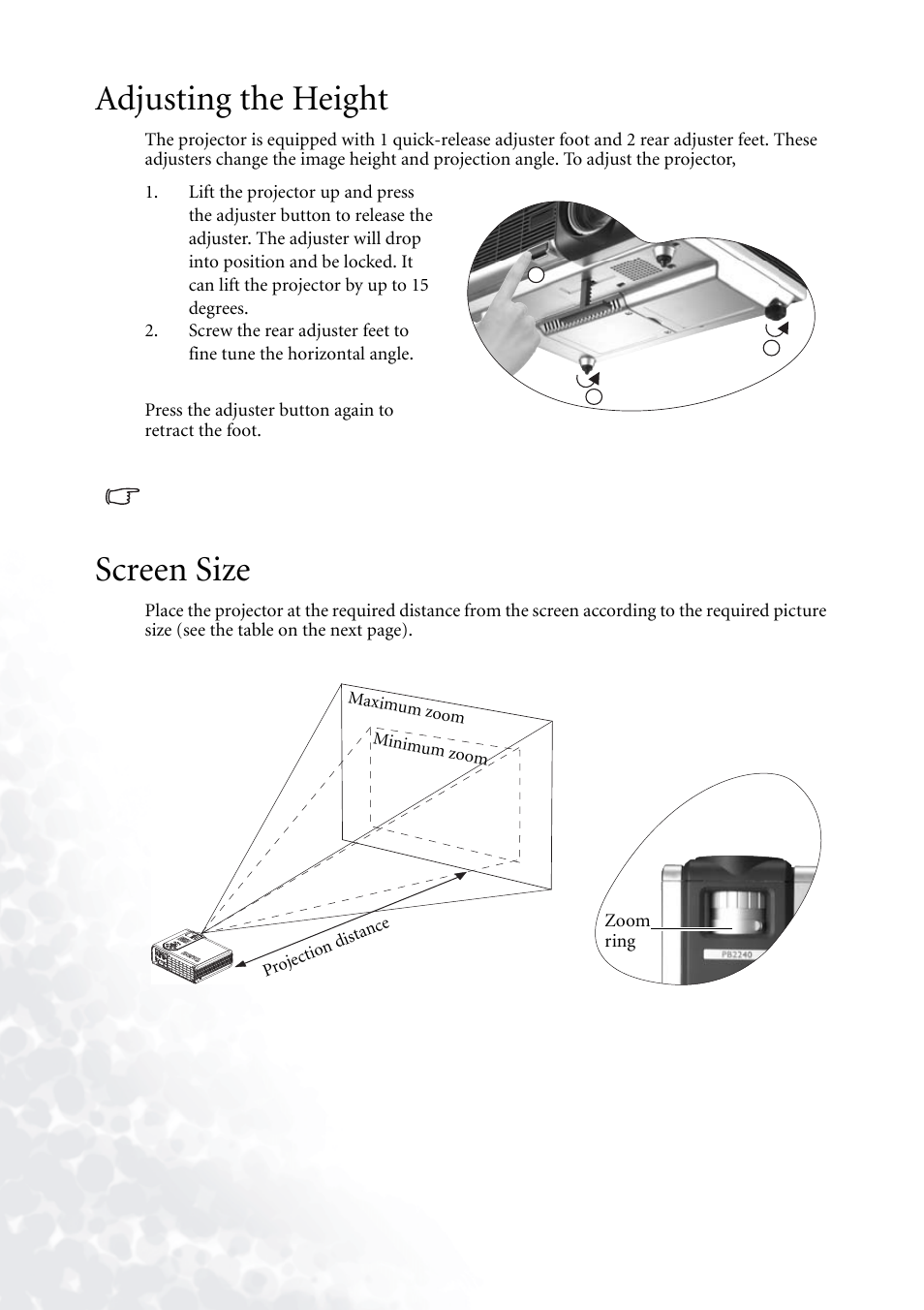 Adjusting the height, Screen size, Adjusting the height screen size | BenQ PB2140/PB2240 User Manual | Page 18 / 44