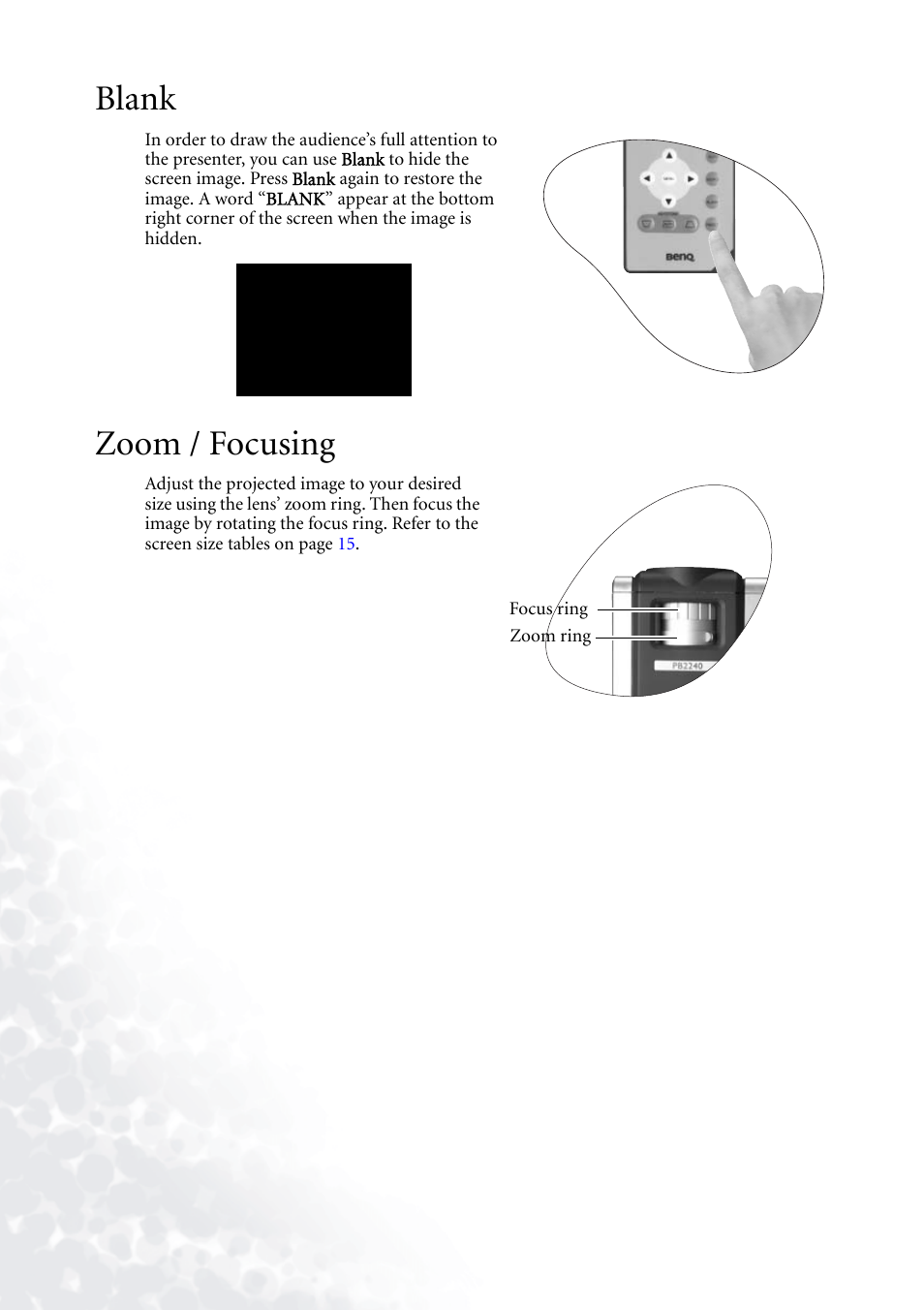 Blank, Zoom / focusing, Blank zoom / focusing | For more | BenQ PB2140/PB2240 User Manual | Page 24 / 44