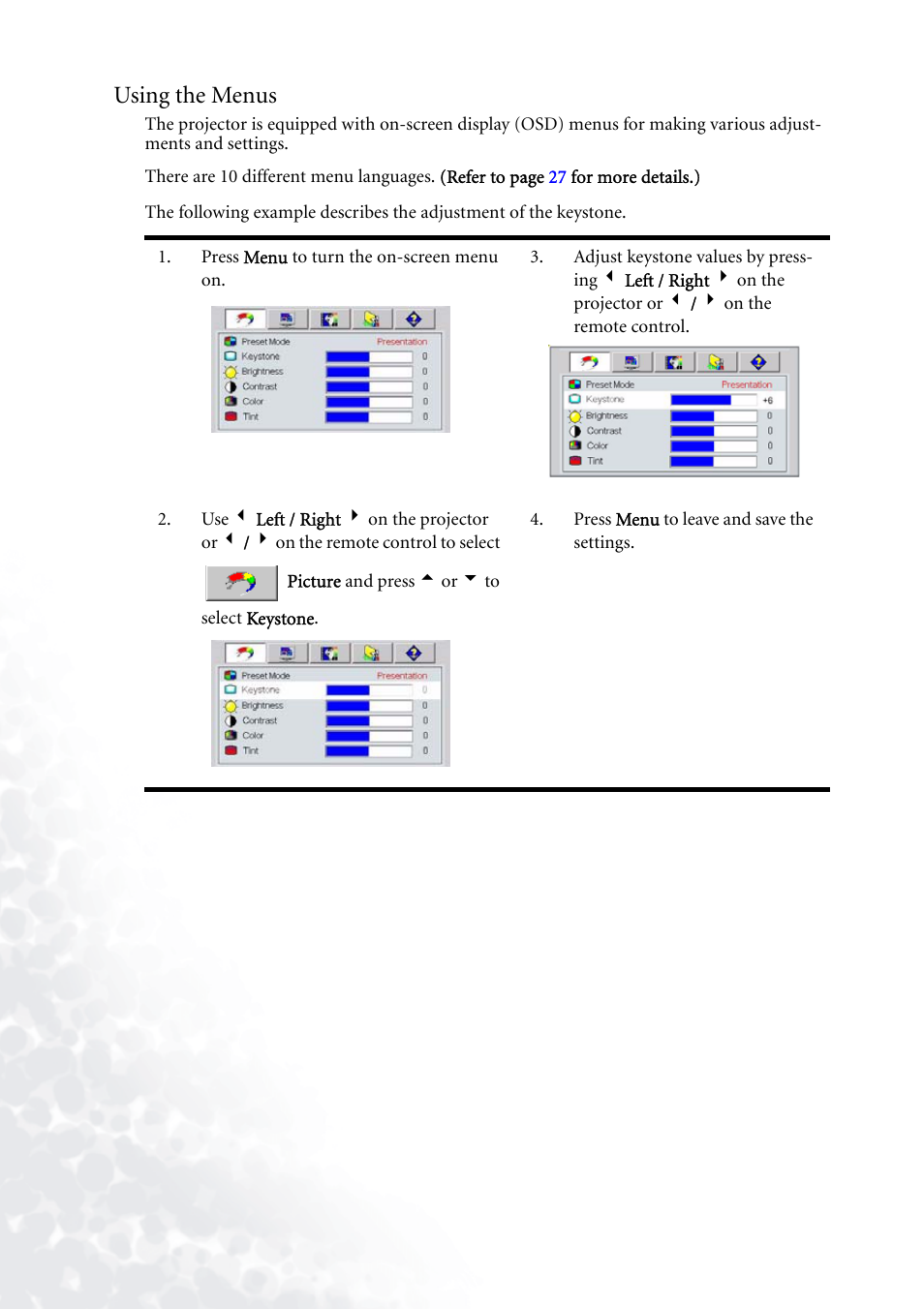 Using the menus | BenQ PB2140/PB2240 User Manual | Page 26 / 44