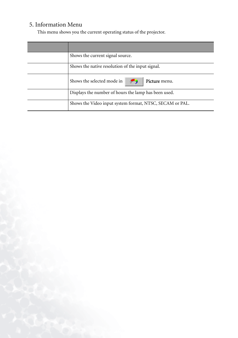 Information menu | BenQ PB2140/PB2240 User Manual | Page 32 / 44