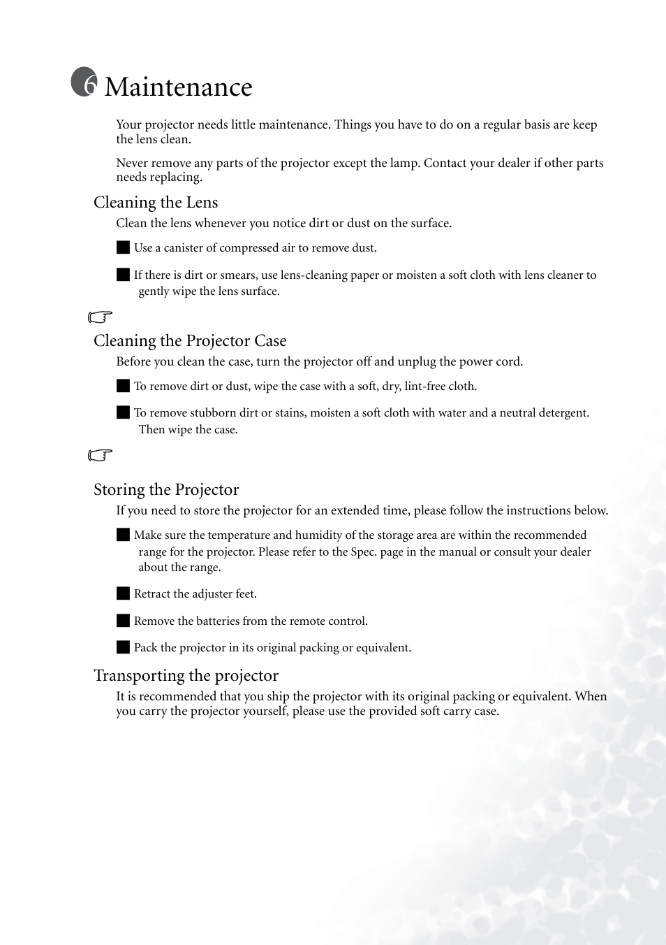 Maintenance, Cleaning the lens, Cleaning the projector case | Storing the projector, Transporting the projector | BenQ PB2140/PB2240 User Manual | Page 33 / 44