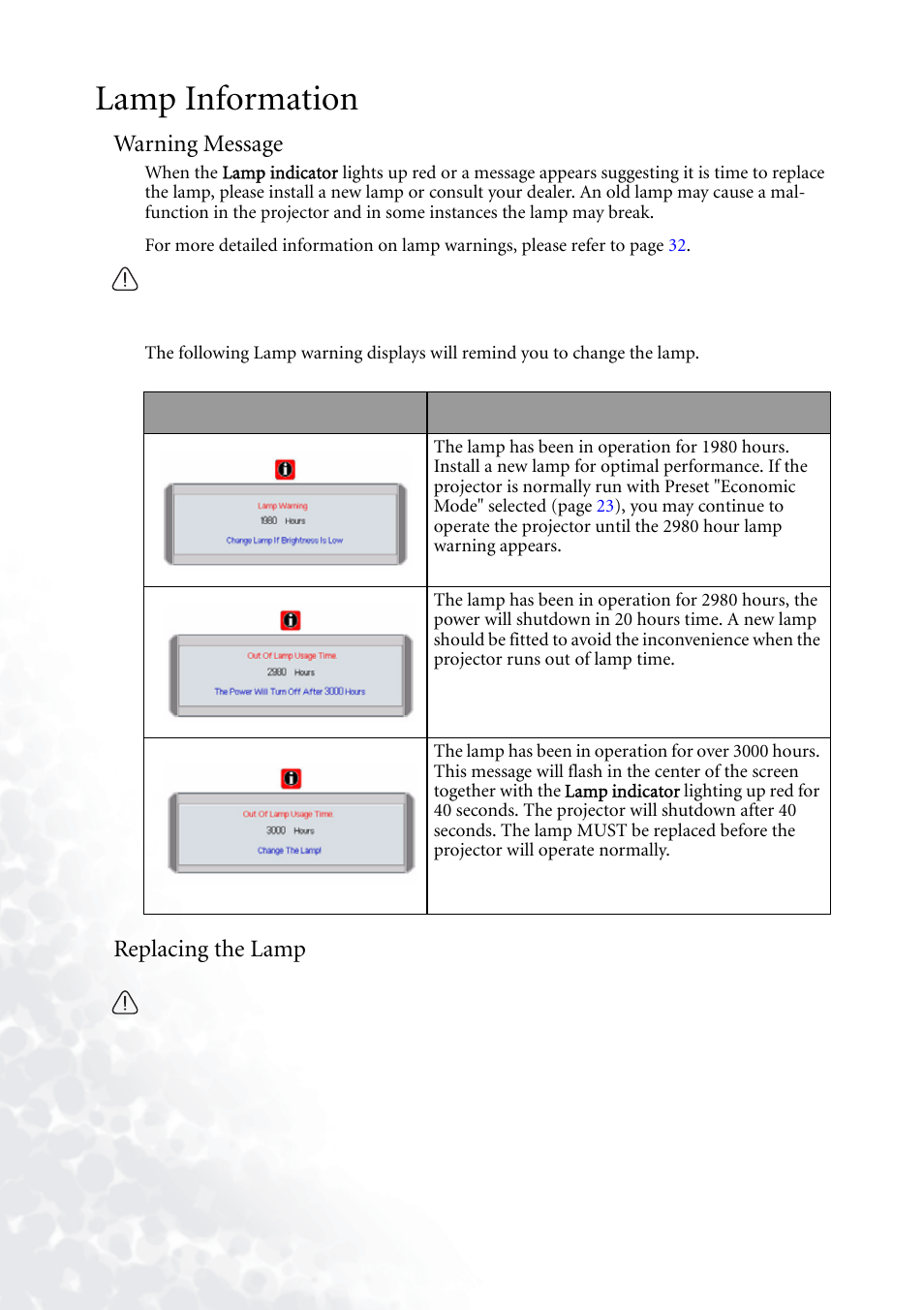 Lamp information, Warning message, Replacing the lamp | Warning message replacing the lamp | BenQ PB2140/PB2240 User Manual | Page 34 / 44