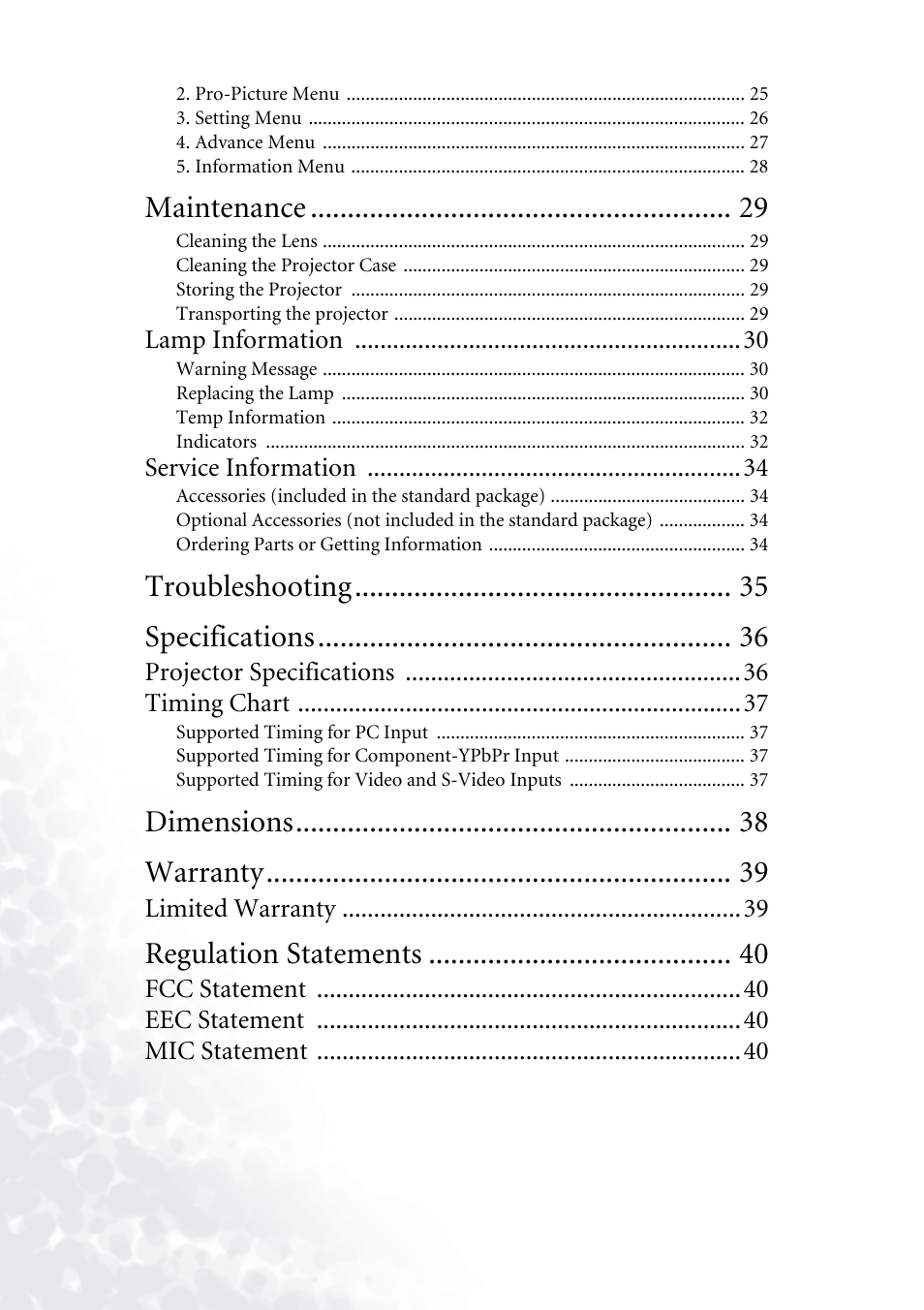 Maintenance, Troubleshooting specifications, Dimensions warranty | Regulation statements | BenQ PB2140/PB2240 User Manual | Page 4 / 44