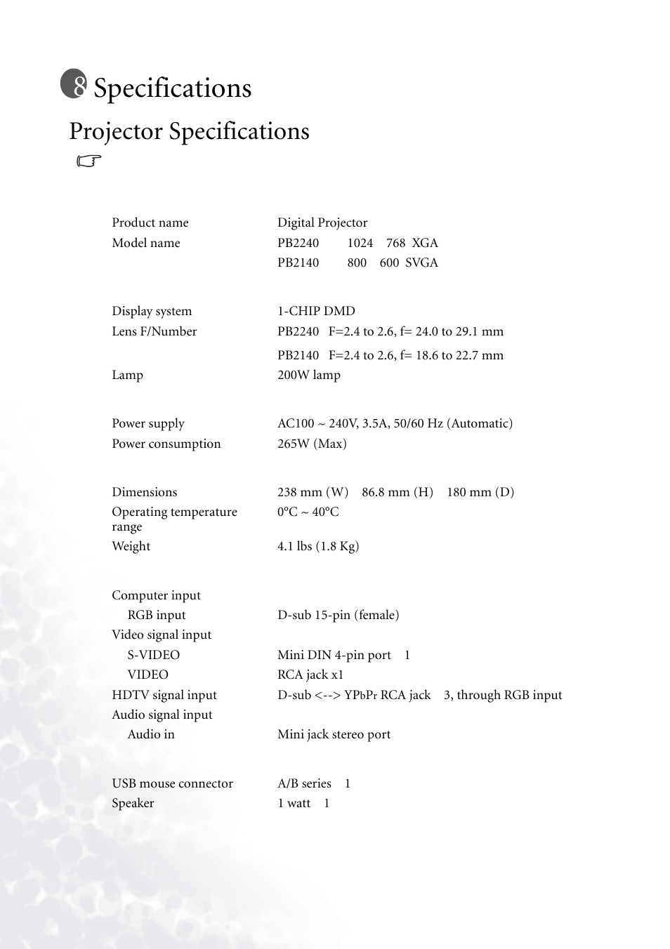 Specifications, Projector specifications | BenQ PB2140/PB2240 User Manual | Page 40 / 44