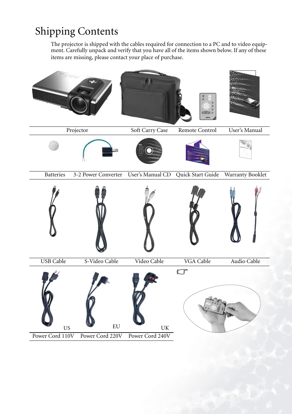 Shipping contents | BenQ PB2140/PB2240 User Manual | Page 9 / 44