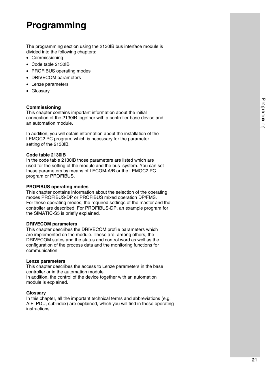 Programming | Lenze 2130IB User Manual | Page 23 / 92
